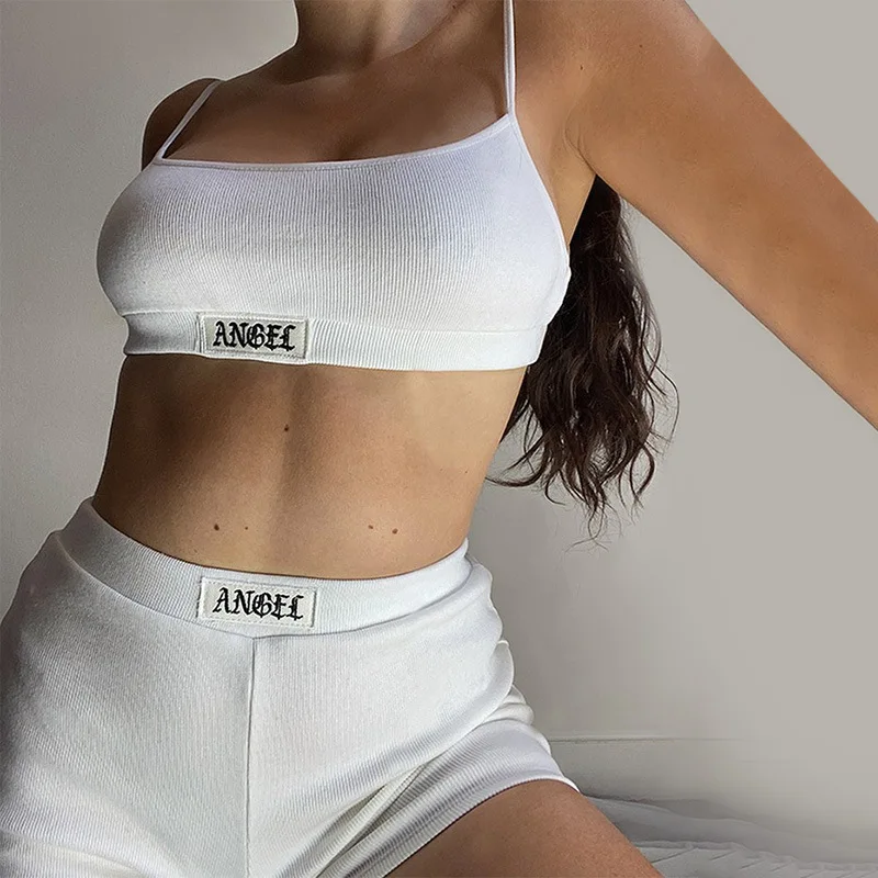 2022 Cotton Home Suit Gothic Angel Letter Embroidery Women Pajamas Streetwear Gyms Two Piece Set Crop Top Camisole Sporty Shorts