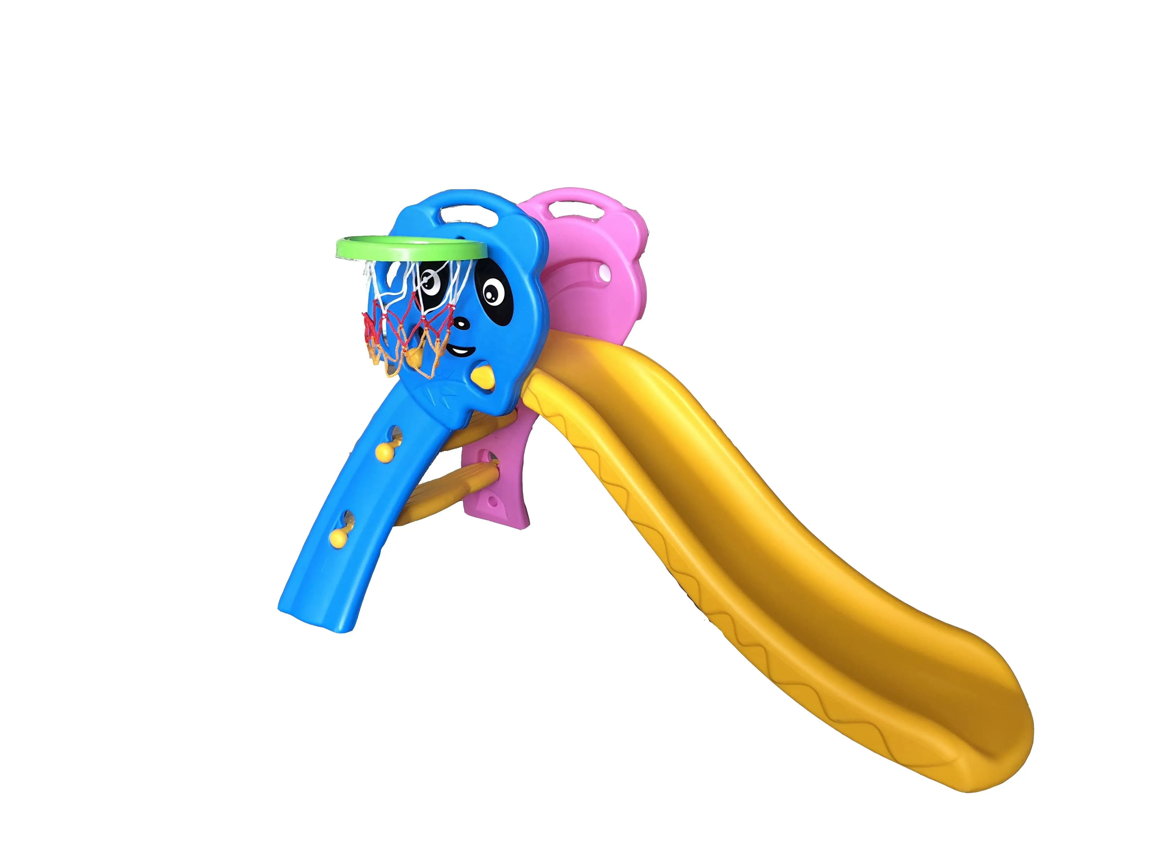 Wholesale Cute Kids Slides Indoor Plastic Playground Equipment Hot Sale Protecting Fold Slide With Basket Hoop