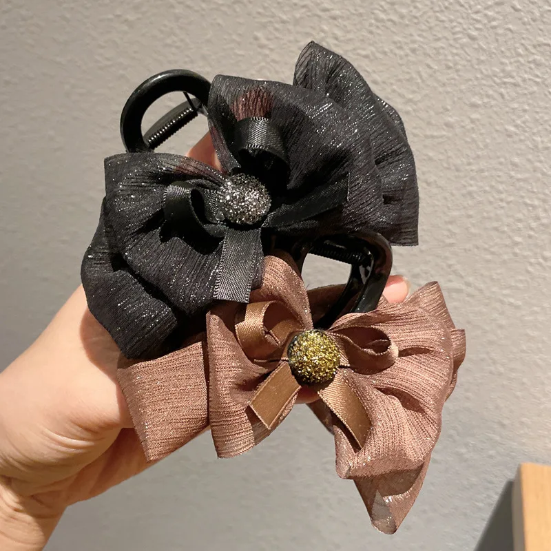 Bright Silk Bow Gauze Hair Clip Temperament All-match Hair Claw Clips Shark Clip Girls And Women Hair Accessories