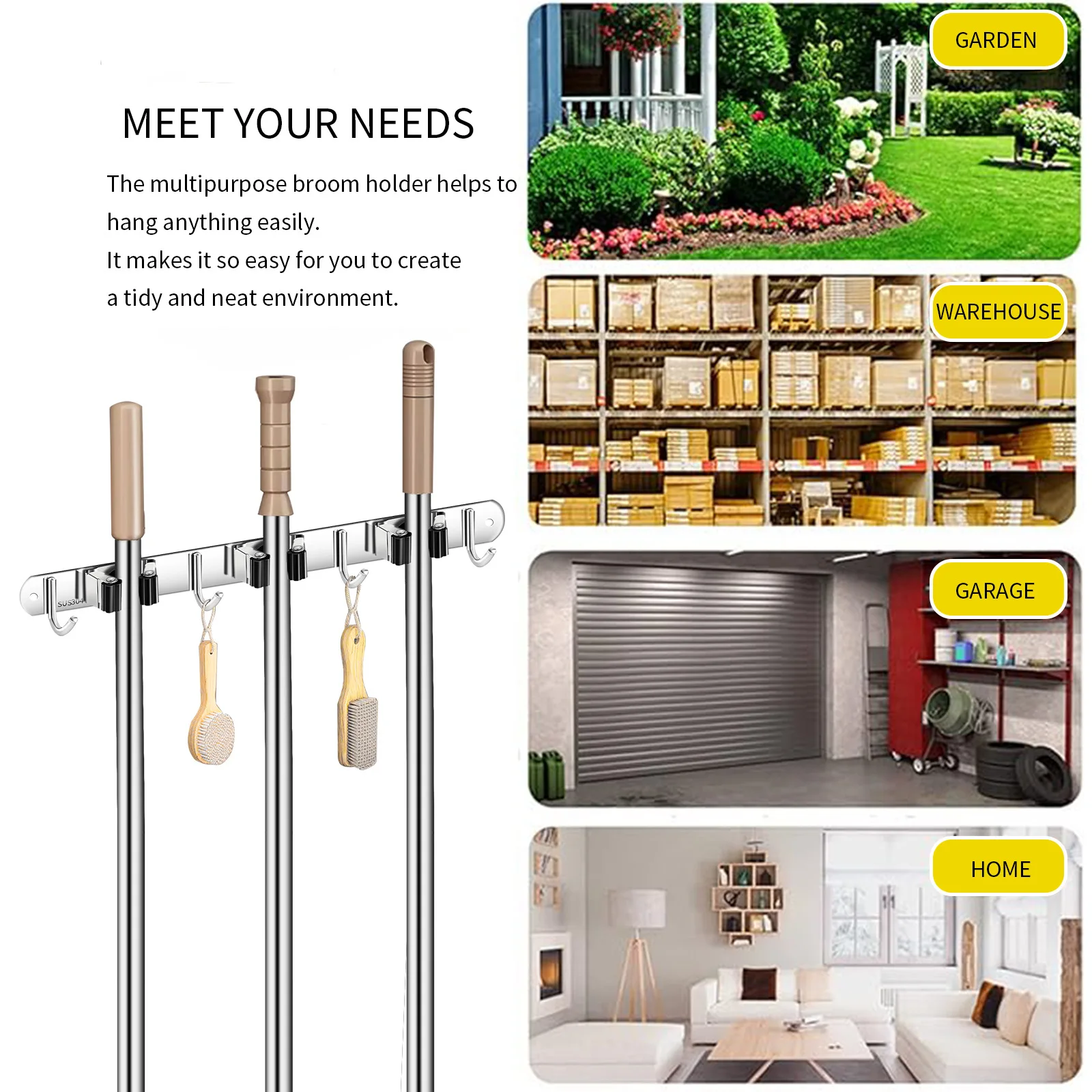 Broom Holder Wall Mount Broom Tool Holder Stainless Steel for Home Kitchen Bathroom Garage Garden