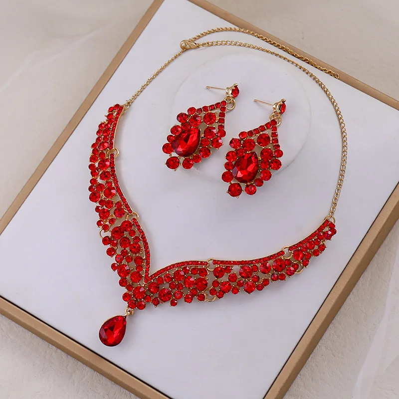 Bride Crown Accessories Atmospheric Rhinestone Multi-Color Necklace Earrings Set Wedding Necklace Embellishment Ornament