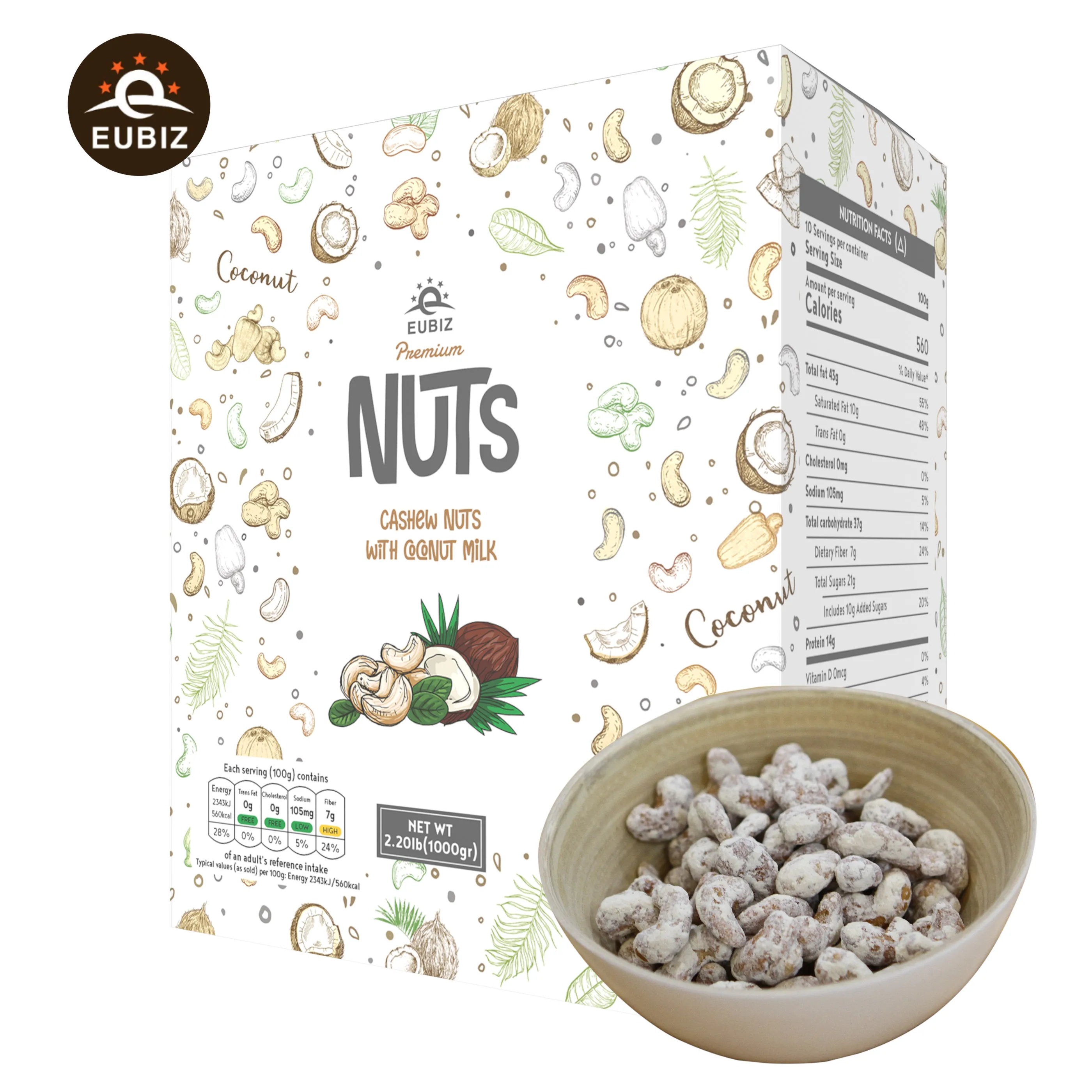EUBIZ Cashew nuts Flavor Coconut milk No Testa Shell - Box (paper) 500g (17.7 OZ) - in VietNam - Cashew Nut Packaging