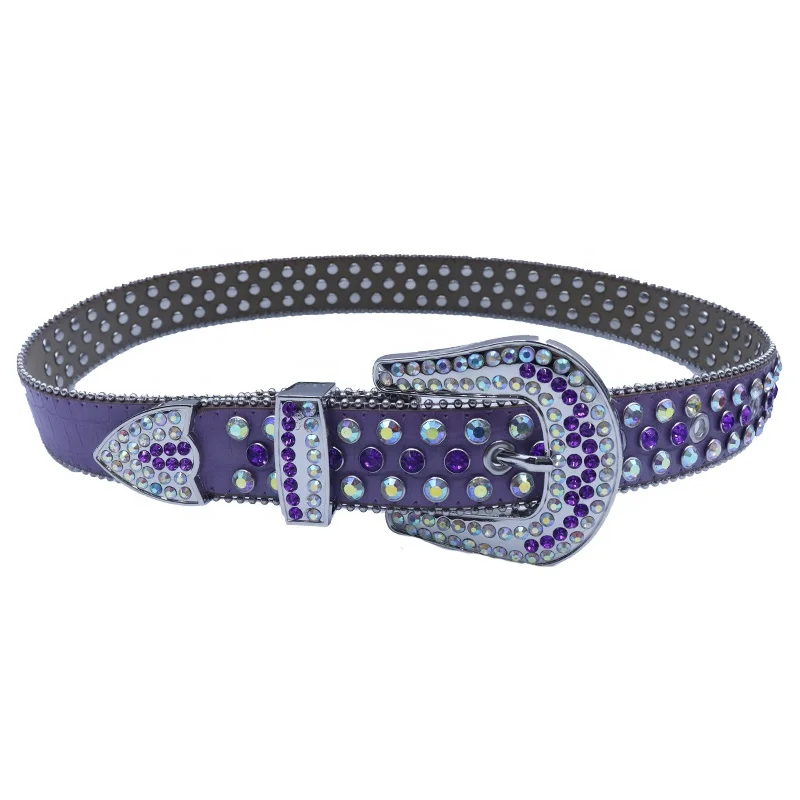 Western BB Simon Rhinestone Belt Bling PU Leather Crystal Belt with Purple Stone Fashionable Silver Alloy Buckle for Men Women