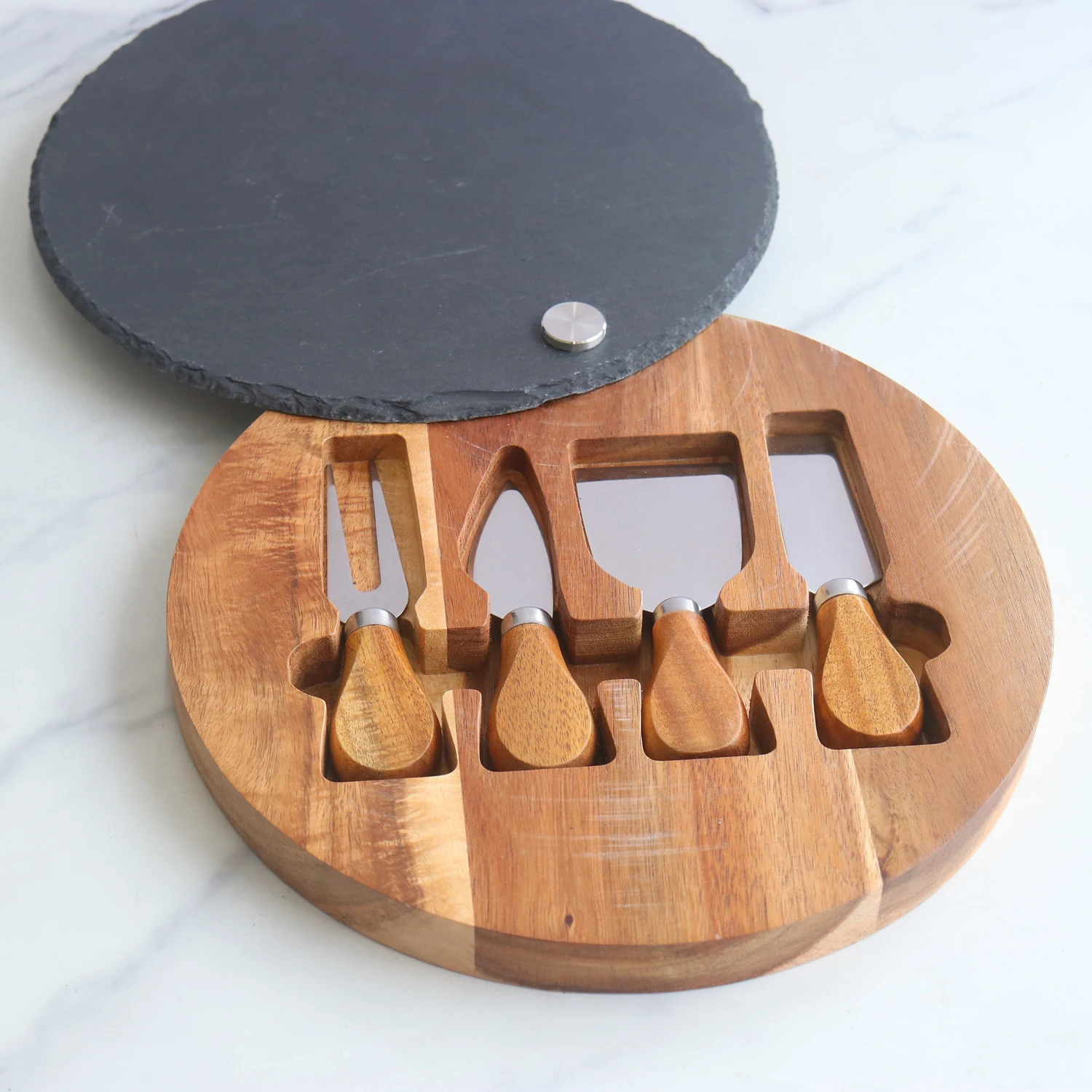 House Round Cheese Board removable circular chipping serving Slate Acacia Wood set of 4 cheese knives and fork server