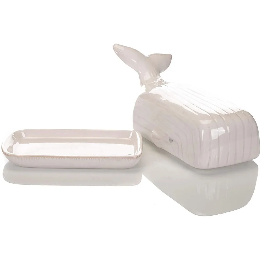 Современная посуда на заказ прямоугольная морская Глянцевая керамическая тарелка для масла белого кита с крышкой