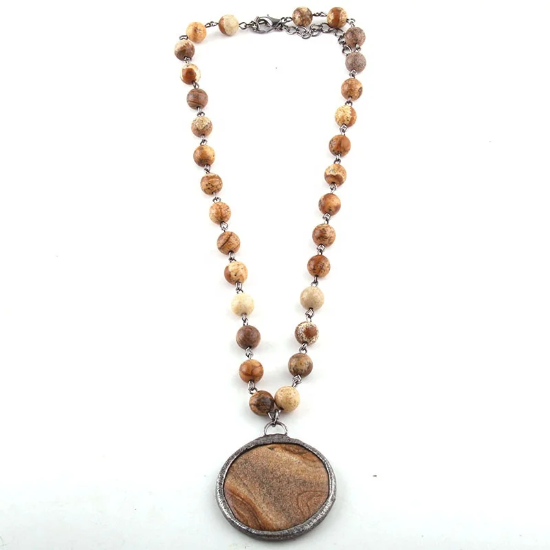 Fashion Women Ethnic jewellery necklace Natural Stone Black Rosary Chain Amazonite Stone Rectangle Round Pendant Choker Necklace