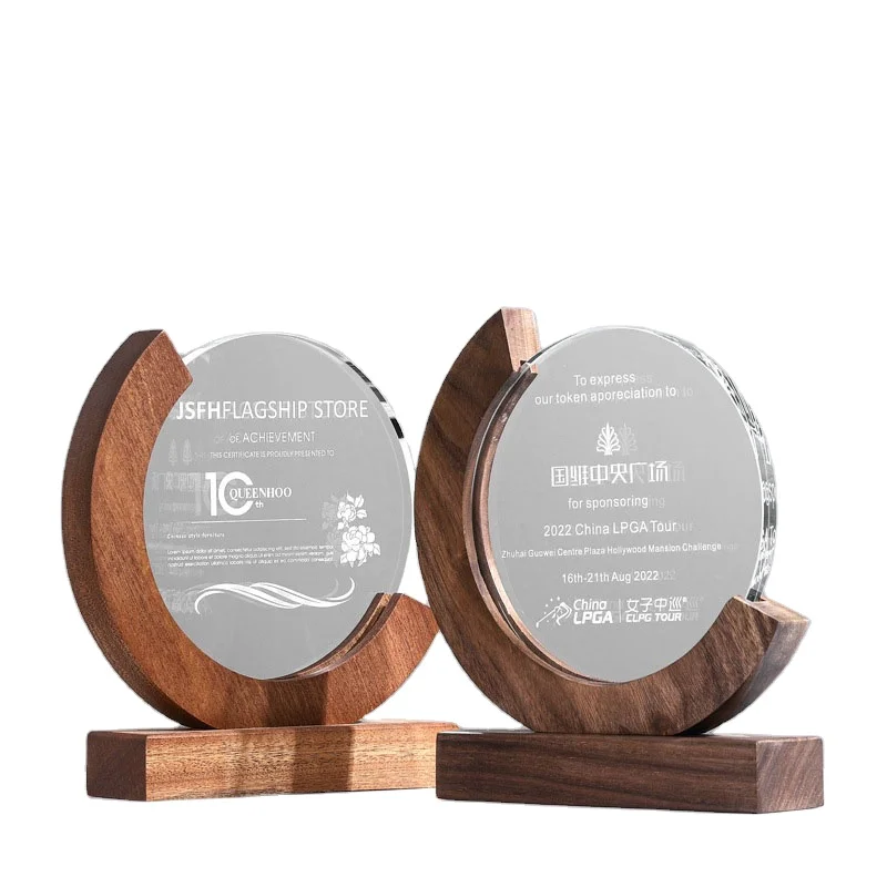 MH-NJ00684 Wholesale Factory Souvenur Gift Wooden round Crystal Glass Trophy Sublimation Award Plaque