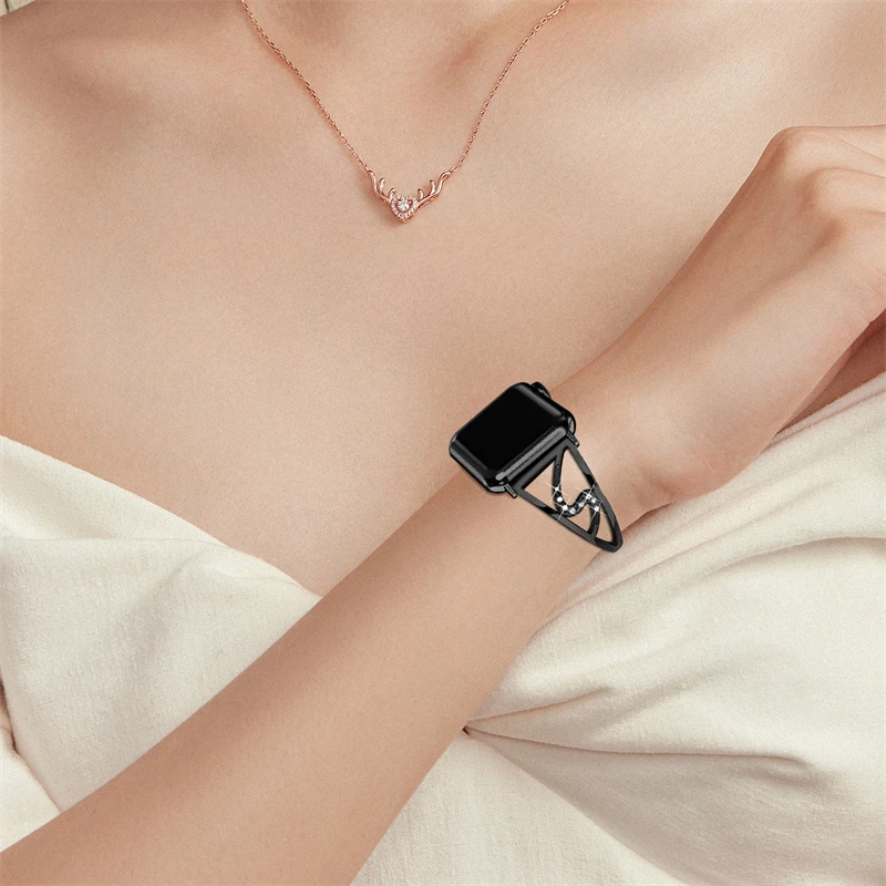 HK1018 Custom Silvery Metal 316 Stainless Steel Women Crystal Necklace 44 45 49mm Straps For Appel Watch Band