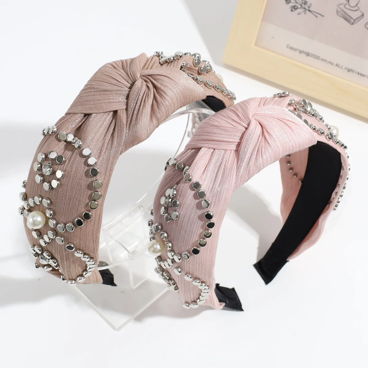 Retro Fashion Rivet Pearl Rhinestone Headband Wide Edge Knot Fabric Hairband Hair Holder Women Girls Hair Hoop