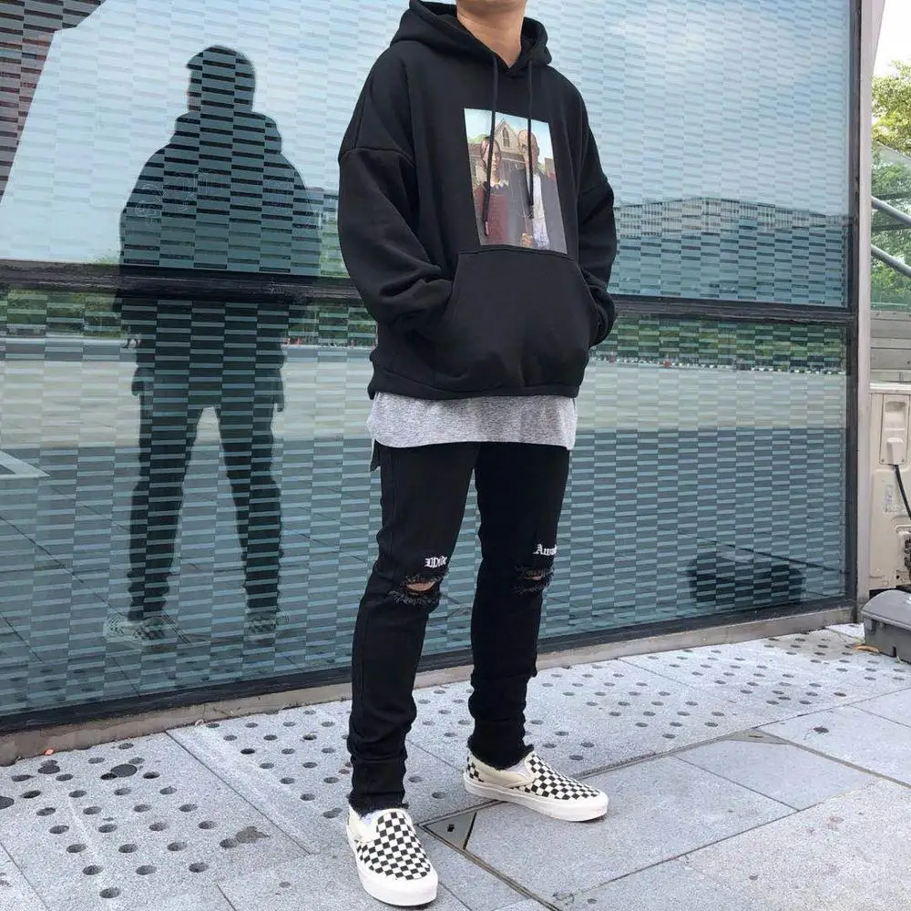 Оптовая продажа, новый дизайн, мужские флисовые толстовки большого размера с принтом на заказ, черные хлопковые пуловеры с капюшоном