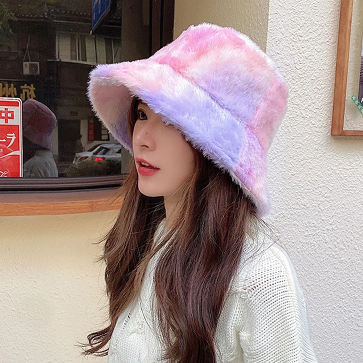 Custom Ins Cap Winter Tie Dye Rainbow Furry Bucket Hats Fisherman Hat