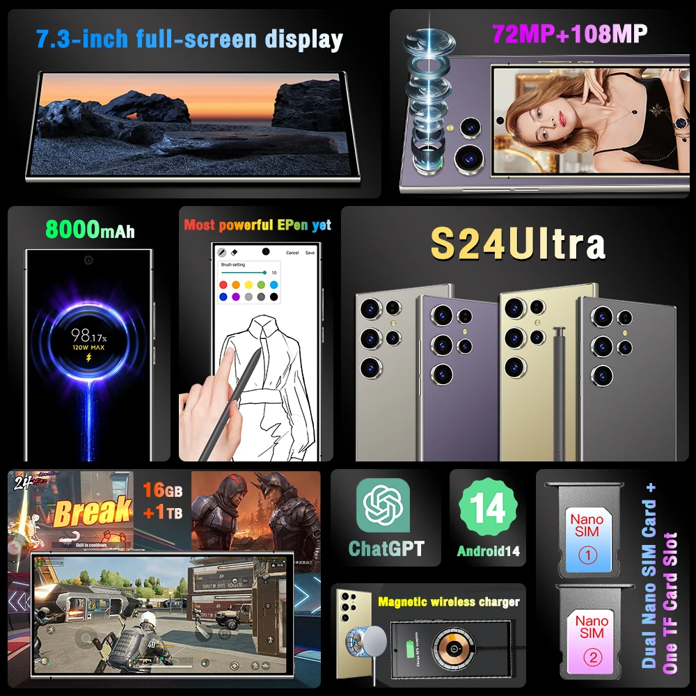 Wholesale Global Version S24 Ultra smart phone Big Screen 7 inch 16+1TB Unlock S-Pen 4G WIFI gaming S23 S24 mobile phone