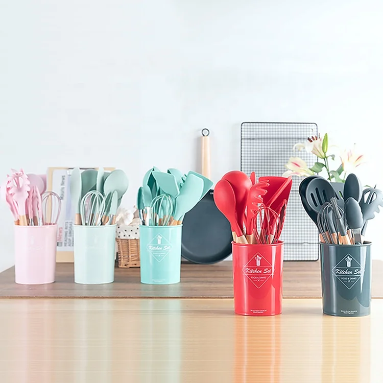 12 piece Kitchen Heat Resistant Food Grade Silicone Butter Spatula Kitchen Tool Utensils Cooking Set Include Holder