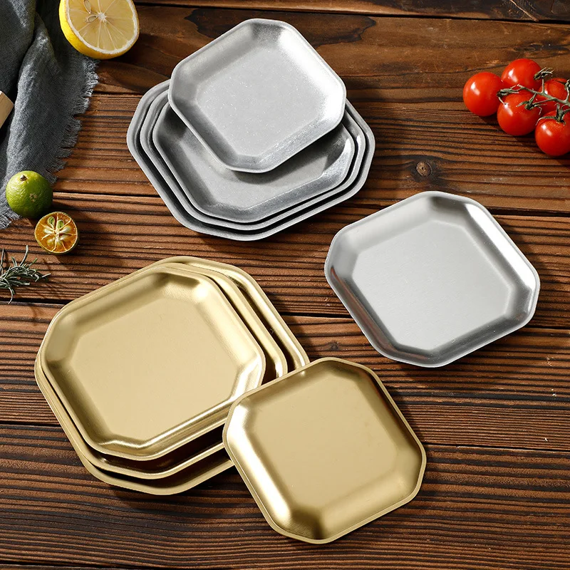 Korean Stainless Steel square Plate BBQ Dessert Fruit Cake Tray food grade Tableware dinner plate for restaurant