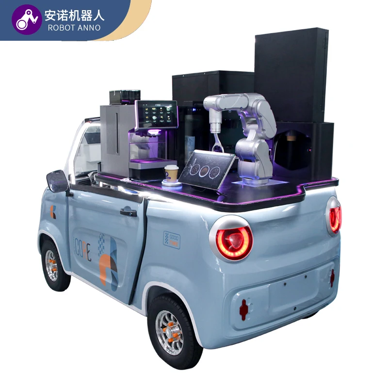 Movable outdoor freshly ground Robot Arm Vending Coffee Car Bar For Coffee 24-hours Automated Commercial