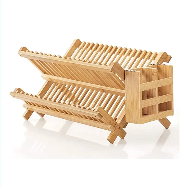 Durable Bamboo Wood  Kitchen Plate Rack Bamboo Collapsible Dish Drying Rack