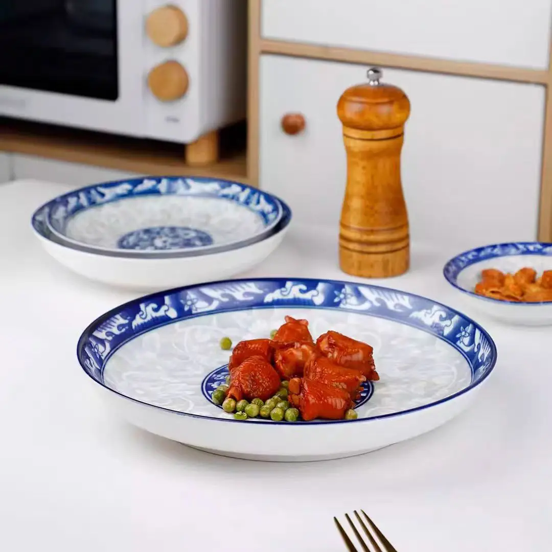 National Style Blue And White Series 9-inch Creative Home Ceramic Dining Plate, Fruit And Vegetable Plate, Blue And White Plate