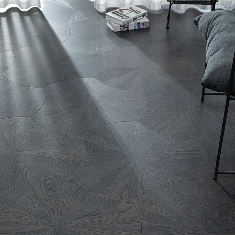 Dark Black Color Design Oak Wood Flooring  Curved Leaf Lotus Round Hexagon Woven Design Parquet Wood Flooring