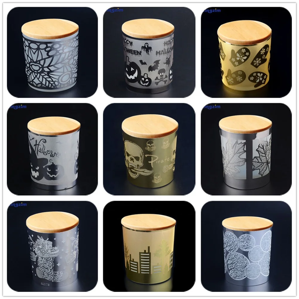 Customized luxury metal pattern decorate Candle container frosted glass candle jar with lid