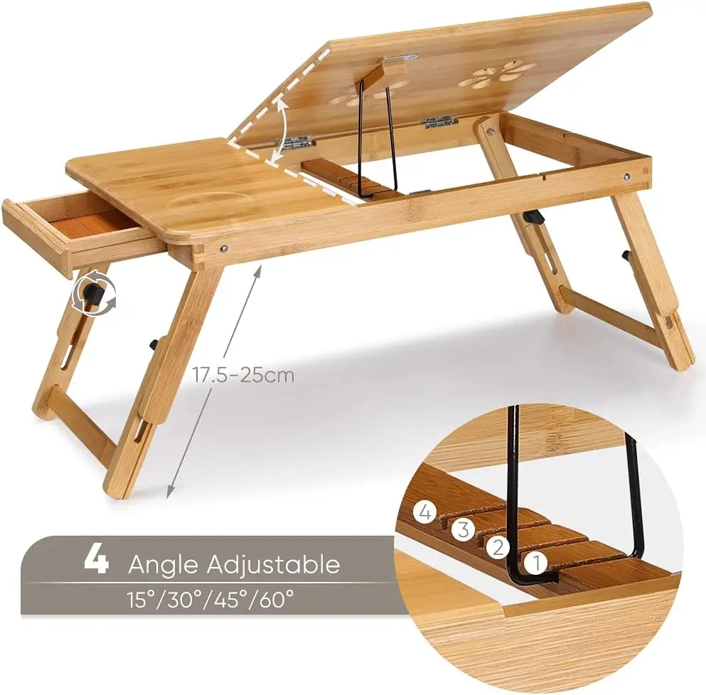 Durable Bamboo Desktop Tray, Adjustable Height and Tilting Bed Tray, foldable laptop for reading, lunch
