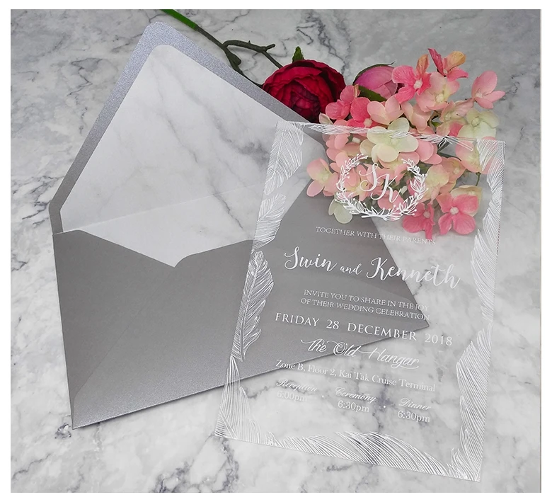 
5*7inch wedding clear acrylic invitation card with envelope, business acrylic invitation card 
