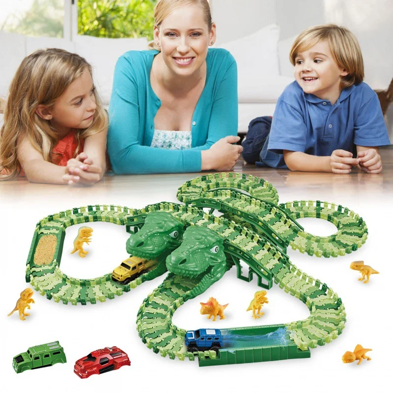 Wholesale Puzzle Dinosaur World 3 Tracks Car Assemble 160 Pieces Kids DIY Toy Set Girls Pink Kit Boys Green Kit Track