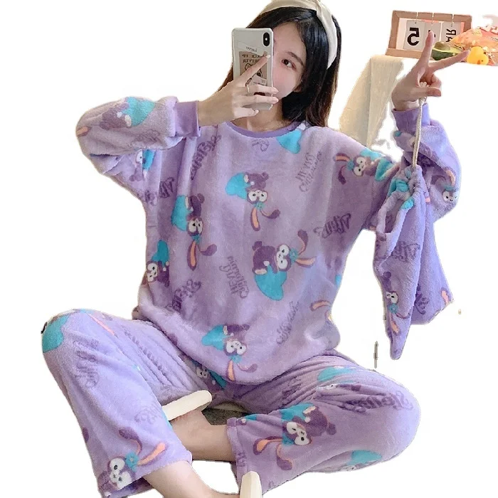 Korean Winter Soft Two Piece Set Plus Size Animal Outside Flannel Lady Long Sleeved O Neck Pajamas pajamas women