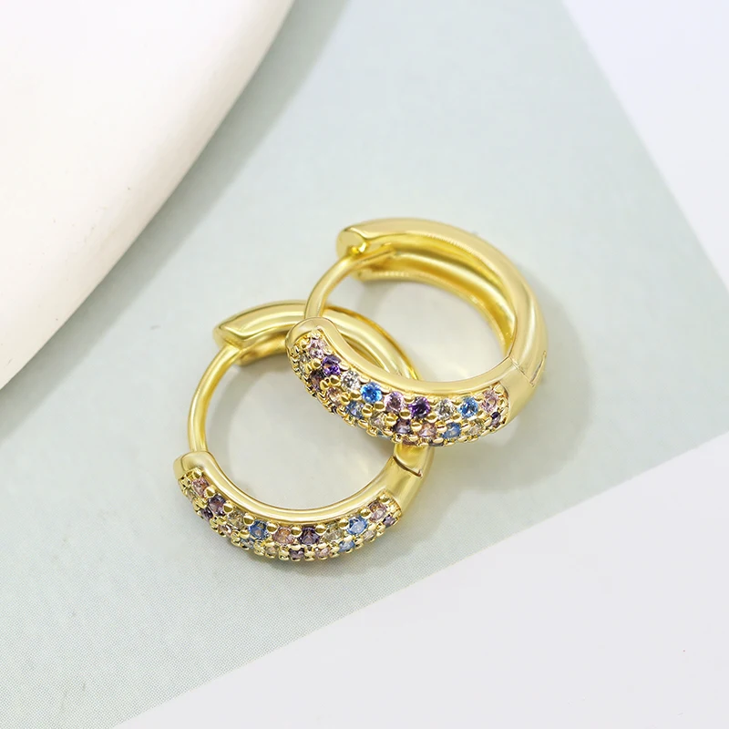 Wholesale Fashion Brass Jewelry Real Gold Plated Colored Gemstone Cubic Zirconia Hoop Huggie Earrings For Women