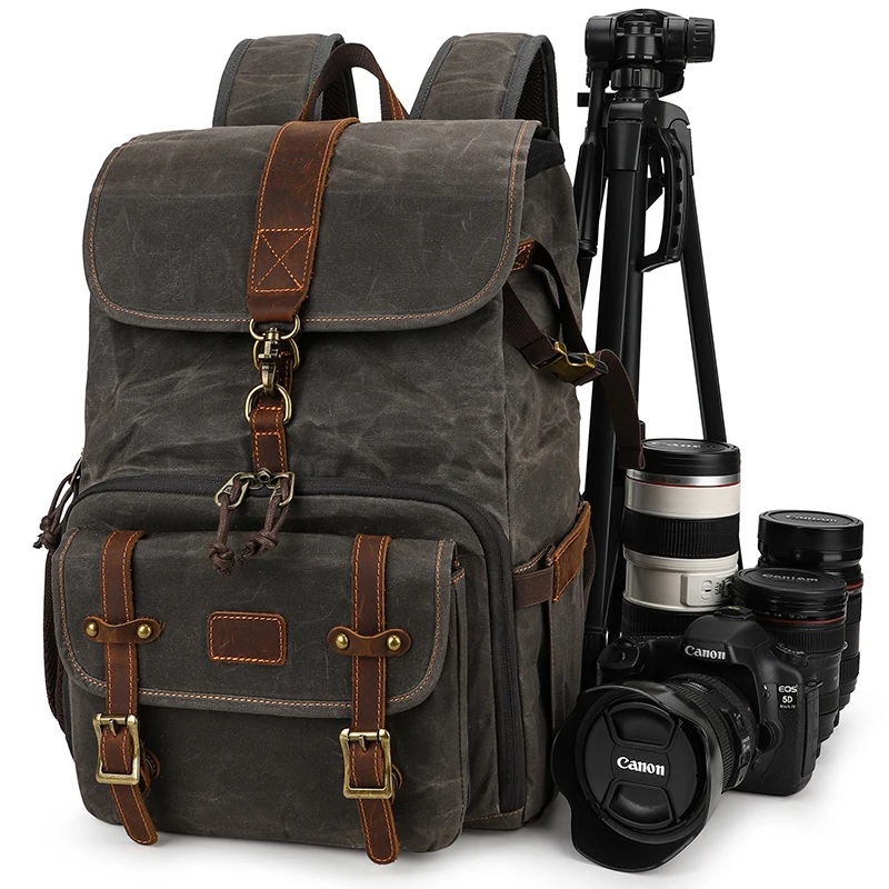 Waterproof Waxed Canvas and Leather Dslr Backpack Digital Camera/Video Bags