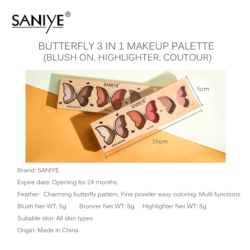 Saniye butterfly make up blush highlighter contour 3 in 1 cosmetic private label custom logo blush makeup palletes