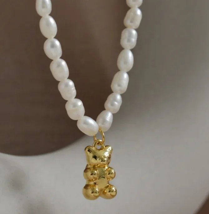 Elegant Freshwater Pearl Bear Small Charm Crystal Bear Butterfly Pearl Choker Pearl Chain Women Necklace Jewelry