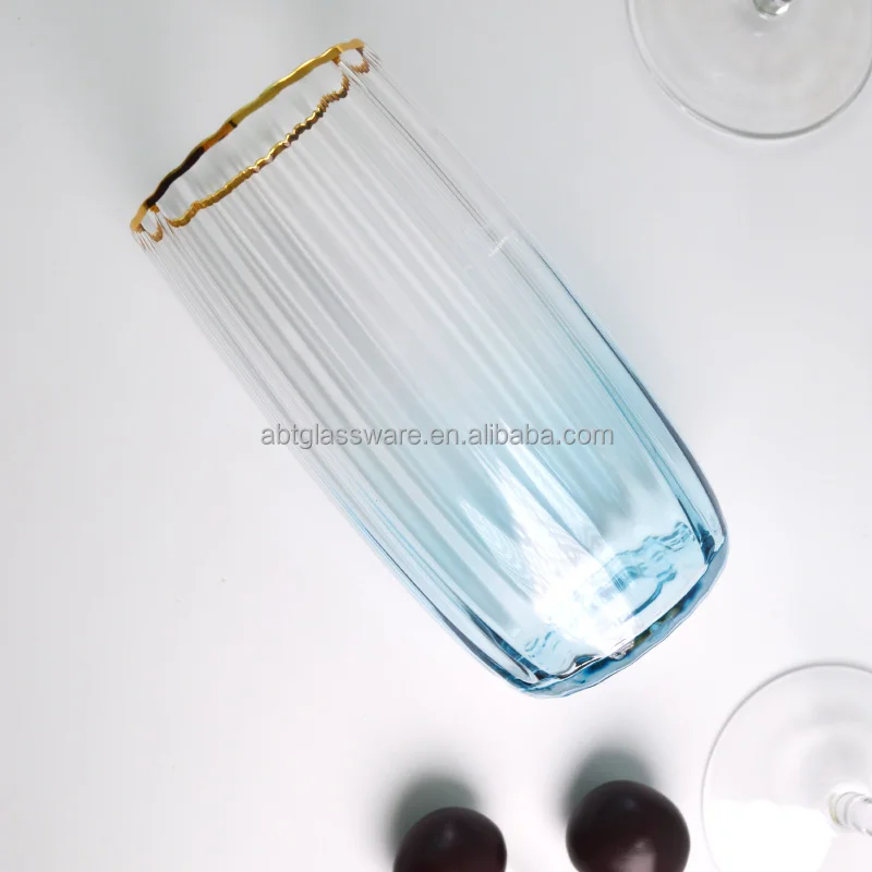 Luxury Gold Rimmed Gradient Blue colored Stripe Red Wine Glass Vintage Goblet Highball Stemless Glas