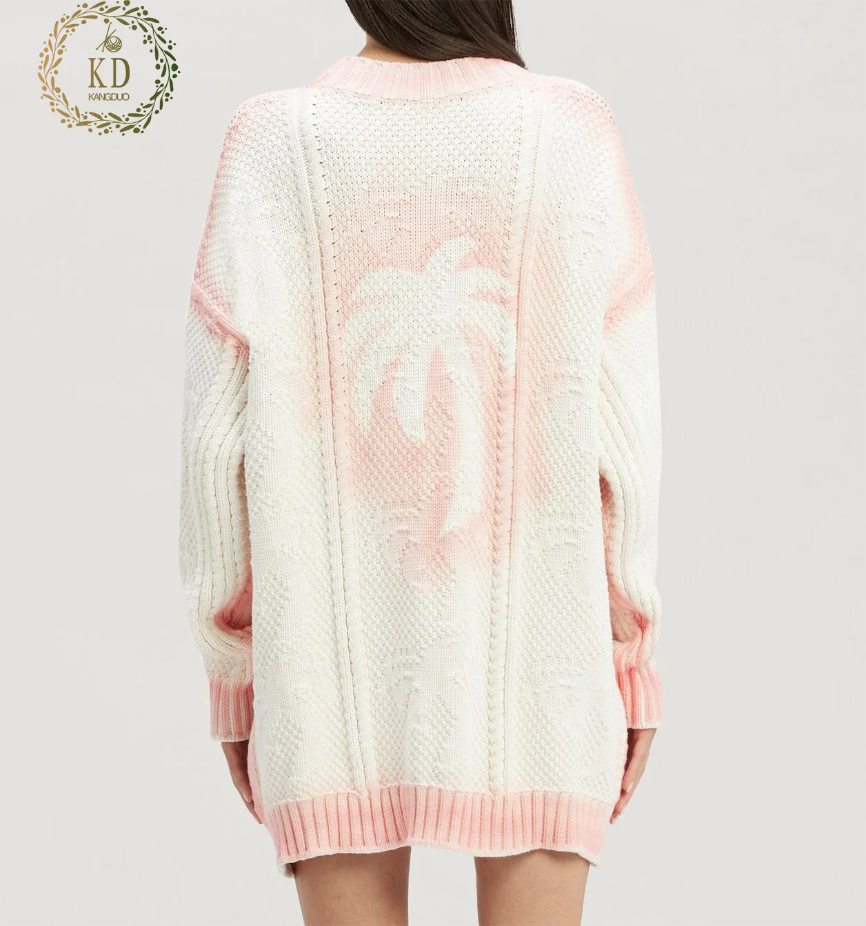 KD Knit Manufacturer Custom Designer Pattern Drop Shoulder Oversize Cable Spray Paint Neon Pink Sweater Cardigan