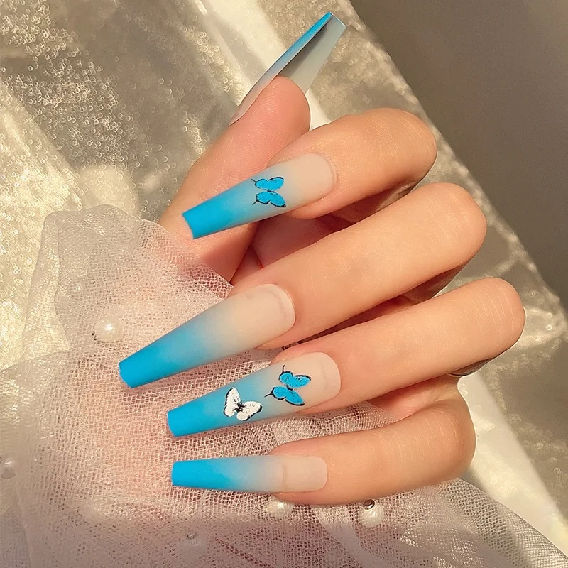 Paso Sico 24pcs/Set Gradient Blue Butterfly Matte Finished Long Ballet Design False Press on Nails for Wholesale Nail Tips Wholesale