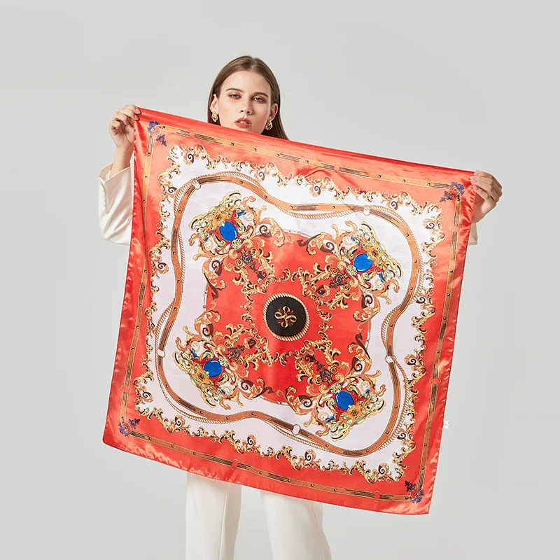 2023 Wholesale Fashion Foulard Luxury Brand Custom Digital Printing Square Silky Scarves Women 90x90cm Bandana Scarf