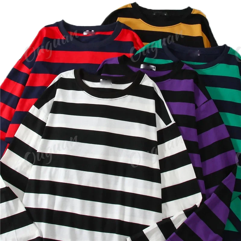 New 5 colors Women Cotton Purple Striped Tops Slim Fit Tshirt Summer Long Sleeve Korean oversized t shirt