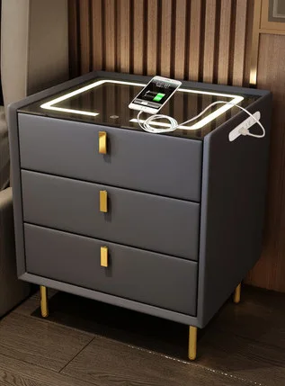 Modern light luxury smart bedside table solid wood three drawer bedside cabinet multifunctional bedroom locker