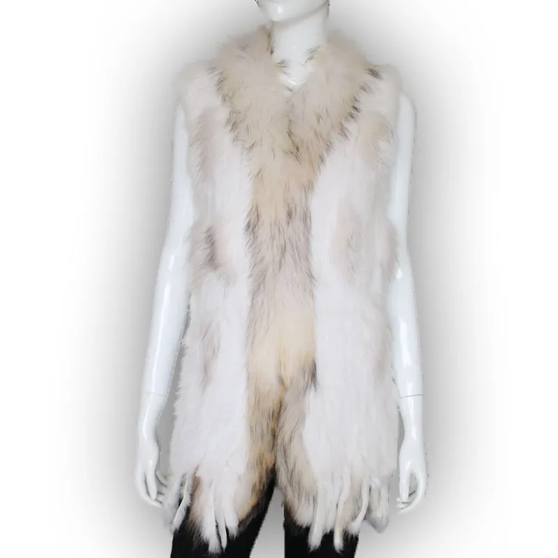 Длинный зимний жилет ручной работы из меха кролика с мехом енота