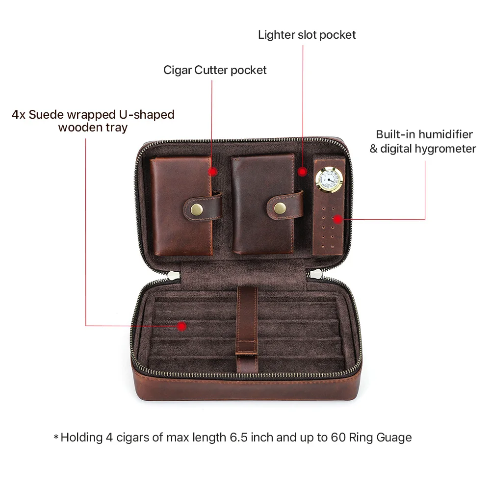 Travel Humidor Cigar Box Case Custom Embossed Logo Leather Cigar Humidor Case For 4 Cigars with Digital Hygrometer CF5022