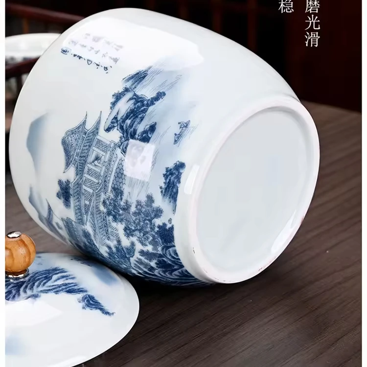 portable porcelain food and tea and rice storage jar with wood knob lid porcelain storage can