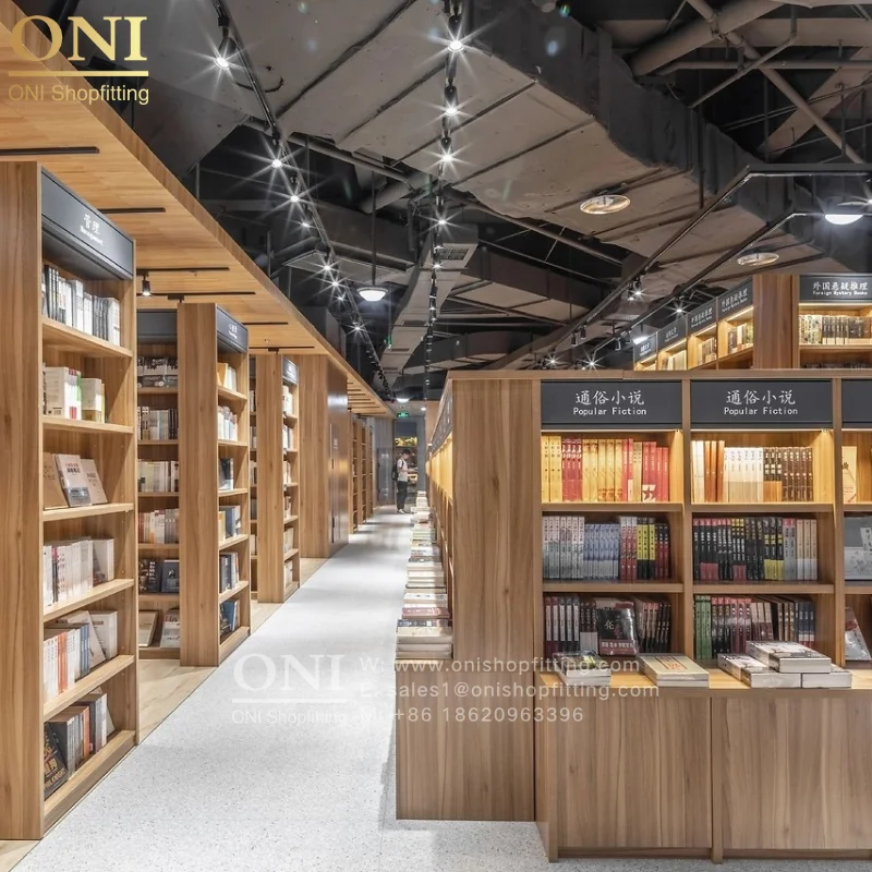 ONI Shopfitting Customized Bookstore Interior Design Display Racks Retail Wooden Bookstore Display Furniture
