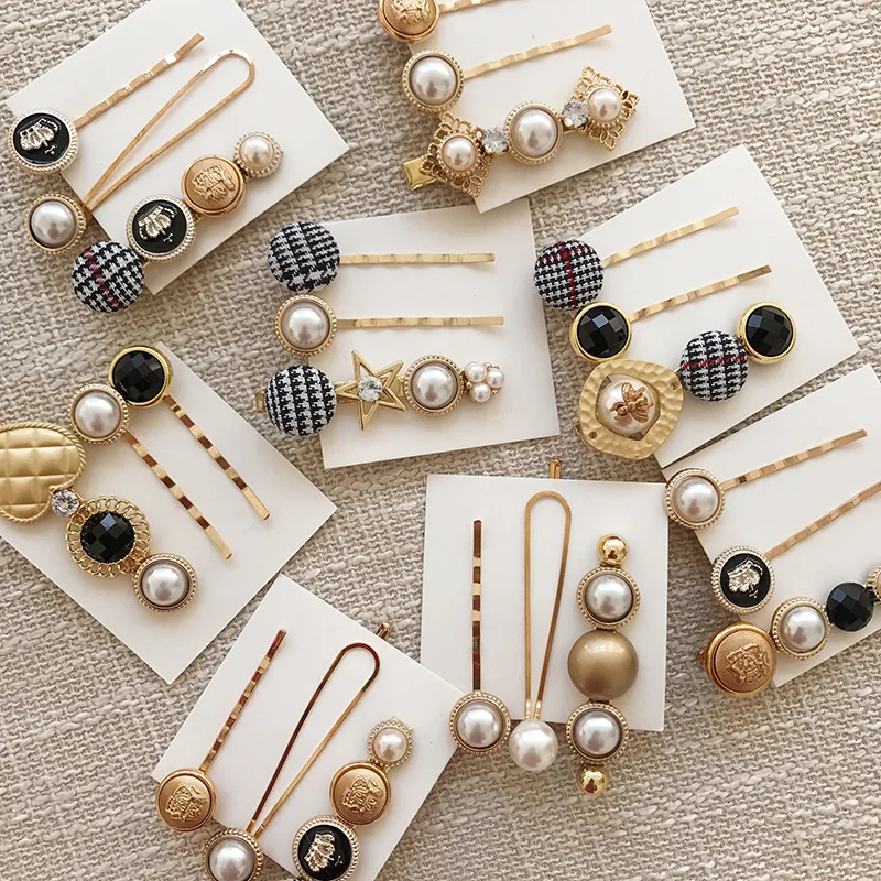 
FJ048 Korean fashion button pearl hair clip set for women 