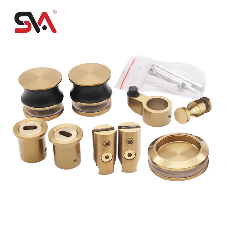 SVA-0025B Modern Bathroom Design Round Pipe Brushed Gold Frameless Tempered Glass Stainless Steel Sliding Glass Door Fitting
