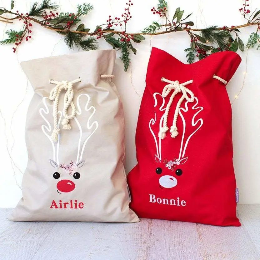Personalized Santa Sack Ball Printing Red Beige Friends Cotton Rope Large Capacity Santa Sacks