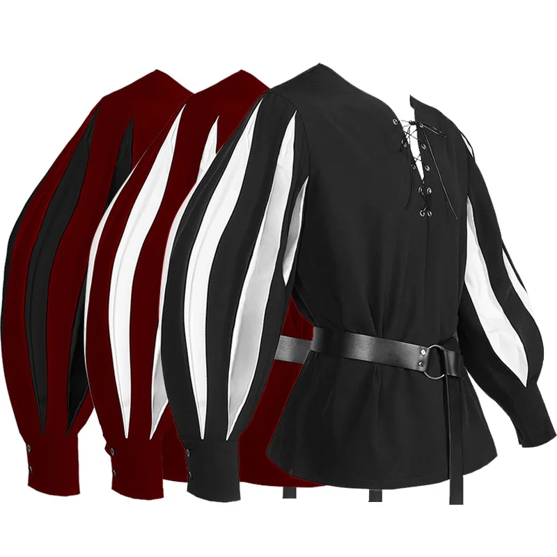 Medieval Shirts Men Pirate Costume Gothic Clothing Steampunk Pirate Tops Ruffled Sleeve Drawstring Knight Cosplay Halloween