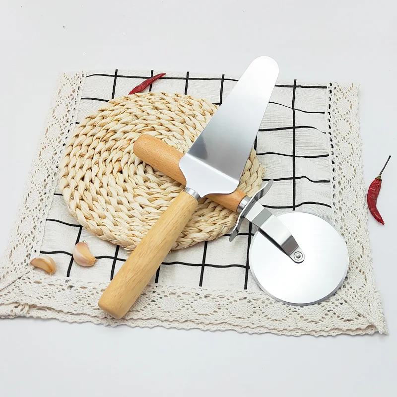 Stainless Steel Pizza Cutter Rocking Blade Pizza Baking Tools Stainless Steel Cake Server Spatula With Wooden Handle