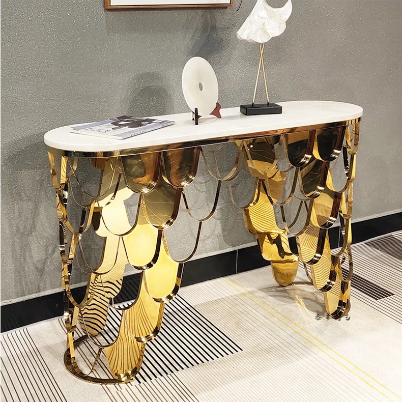 Modern Marble Top God Stainless Steel Fish Scale Console Table for Living Room Kitchen Entry House Gorgeous Corner Hallway Table