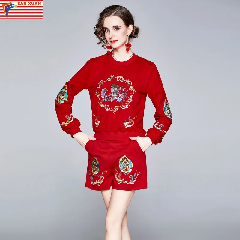 arrivals 2023 Autumn Trendy Red Embroidered Long Sleeve Top Chinese Retro Casual Short Shorts Ladies Sports 2 Two Piece Set