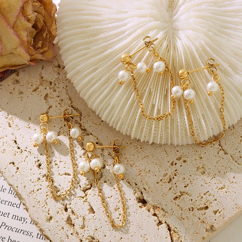 Exquisite Baroque freshwater pearl thin chain tassel long earrings double way  back stud post ear ring for girls