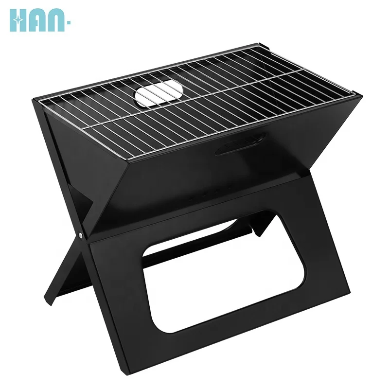 Оптовая продажа, черный ноутбук X-образной формы, быстро Складывающийся Портативный гриль для барбекю с древесным углем для кемпинга на открытом воздухе